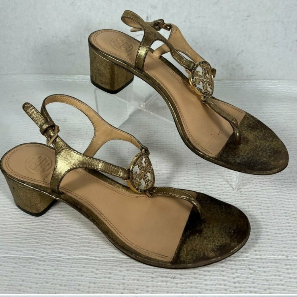 Tory Burch 9.5 Mini Miller Burnished Glod Metallic Embellished Block Heel - Picture 3 of 11
